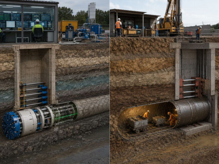 Microtunneling vs jack and bore trenchless pipeline installation comparison showing remote-controlled MTBM and traditional pipe jacking methods
