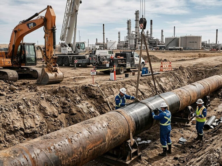 Technicians in PPE applying a composite wrap repair system to a corroded large-diameter steel crude oil pipeline in an open excavation trench, with heavy construction equipment and a refinery infrastructure in the background.