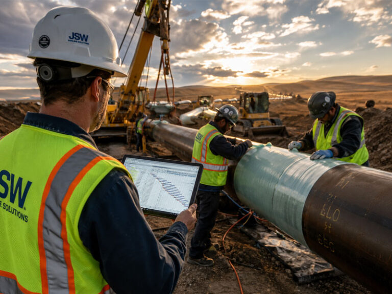 Field engineers and pipeline rehabilitation crew performing composite wrap repair on a large-diameter oil and gas transmission pipeline while reviewing the project timeline during a trenchless rehabilitation operation.