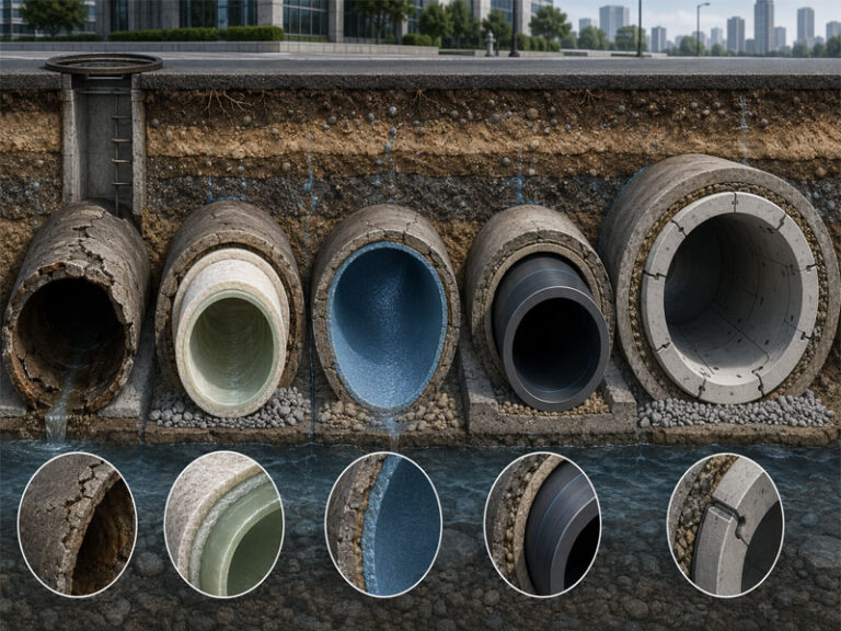 Engineering cutaway illustration comparing CIPP resin liners, spray-applied polyurea, HDPE sliplining, and UHPC structural lining segments in underground sewer pipes.