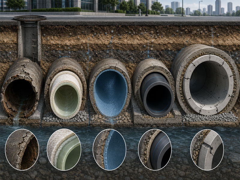 Engineering cutaway illustration comparing CIPP resin liners, spray-applied polyurea, HDPE sliplining, and UHPC structural lining segments in underground sewer pipes.