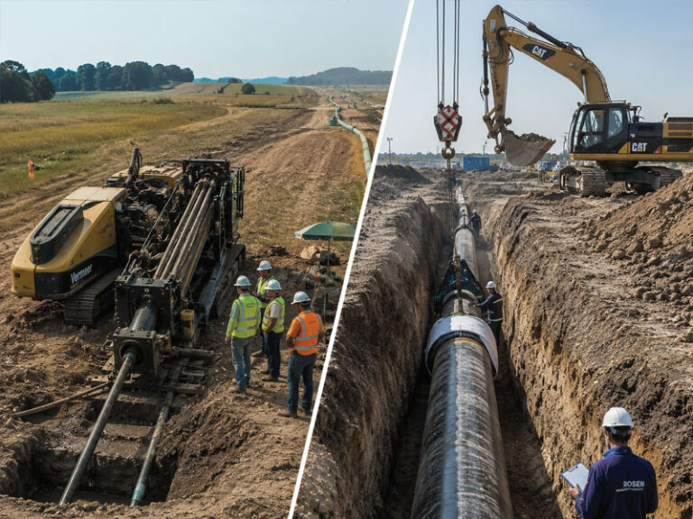 Trenchless technology versus open-cut excavation comparison for industrial pipeline installation, showing HDD drilling with minimal surface disturbance and traditional trench excavation with exposed pipeline construction