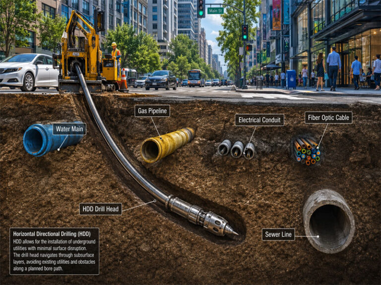 aspect ratio ultra-realistic engineering visualization of an underground utility cross-section beneath a busy urban street, featuring labeled infrastructure and a precise HDD bore path navigating between pipes.