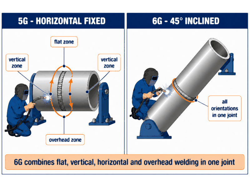 5g-vs-6g-pipe-position-diagram Comparison diagram of 5G welding position with horizontal fixed pipe and 6G welding position with pipe fixed at a 45 degree incline