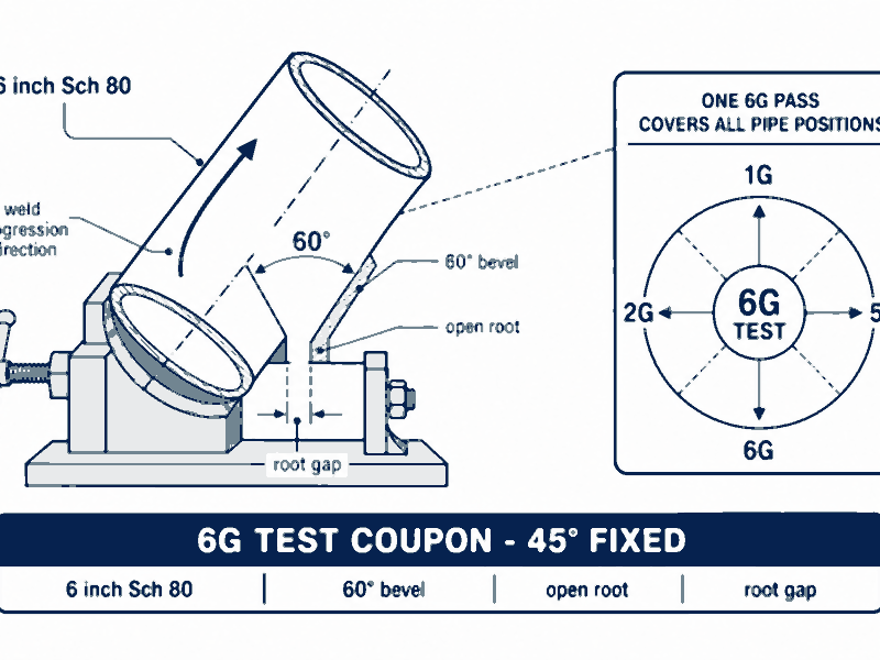 6g-welding-certification-test-coupon Diagram of a 6G pipe welding certification test coupon with the pipe fixed at 45 degrees, showing the open root bevel and weld progression zones