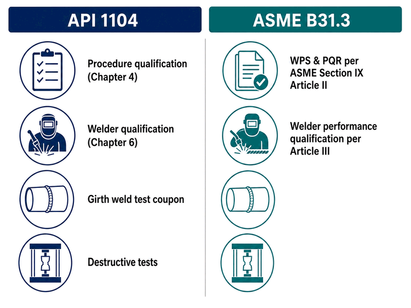 api-1104-asme-b31-3-welding-qualification-comparison Figure 2. API 1104 qualifies procedures and welders within the standard itself, while ASME B31.3 references ASME Section IX for both.