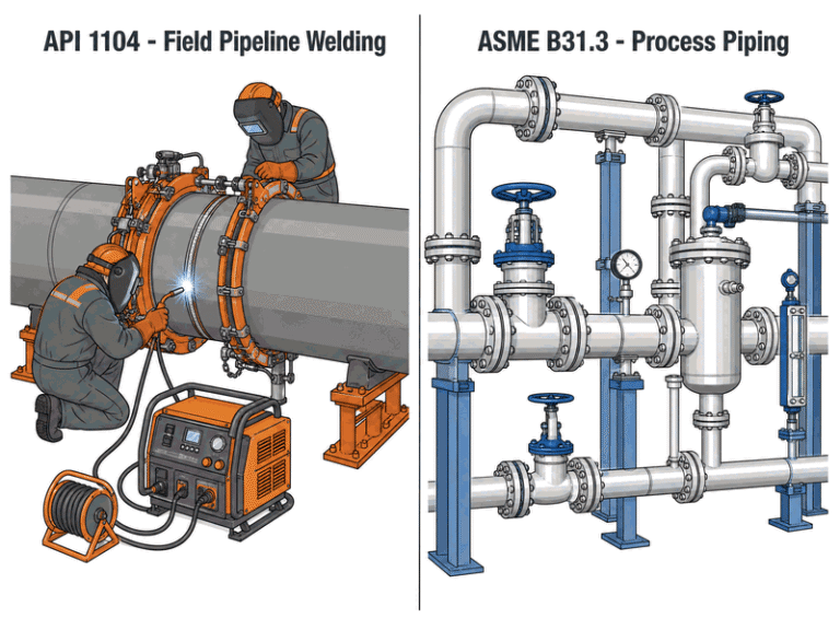 Infographic comparing API 1104 and ASME B31.3 application scopes: cross-country pipeline welding on one side and in-plant process piping on the other
