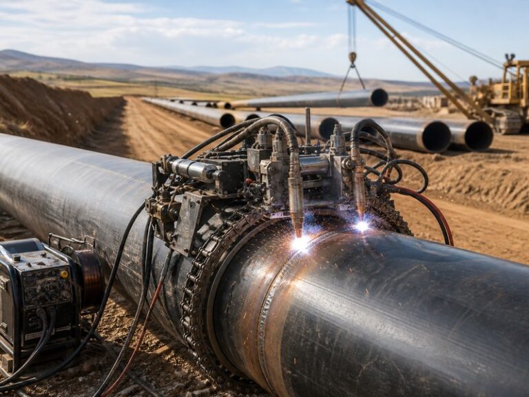 Automatic pipeline welding system with a dual-torch welding bug running on an external band around a large-diameter pipe