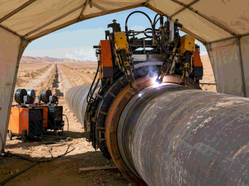 Mechanized pipeline girth welding system with an external bug-and-band tractor welding a large-diameter pipe joint under a weather shelter
