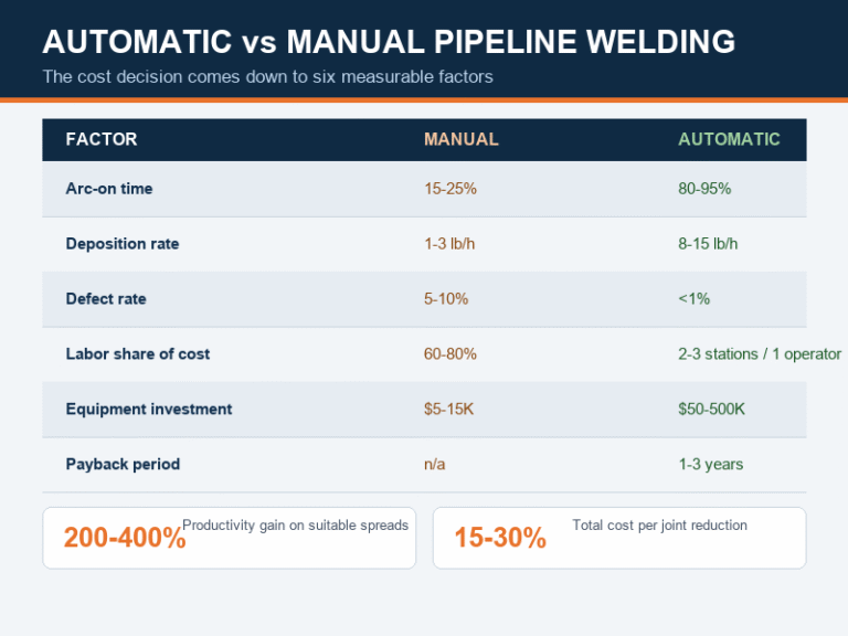 Comparison infographic of automatic welding vs manual welding for pipelines: arc-on time, deposition rate, defect rate, labor share of cost, equipment investment, and payback period on either side