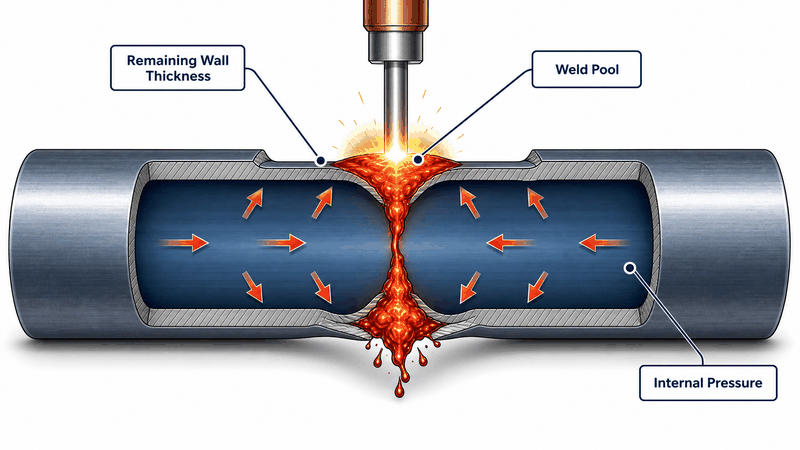 burn-through-mechanism-live-pipeline-welding Cross-section diagram showing how the weld pool melts through the thin remaining wall of a live pipeline and internal pressure causes burn-through