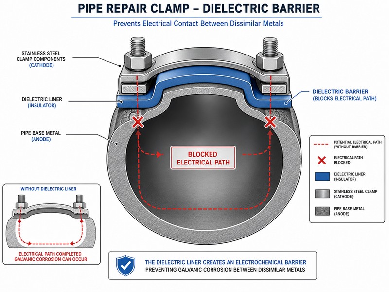 dielectric-isolation-barrier-schematic-nace-sp0169 Technical 3D schematic of a pipe repair clamp cross-section showing the dielectric barrier blocking galvanic current flow.
