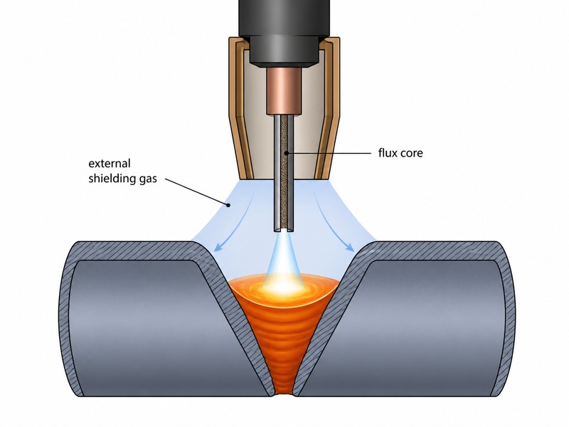 fcaw-g-gas-shielded-mechanism Cross-section diagram of the gas-shielded flux-cored arc welding process showing external shielding gas from a nozzle plus flux core protection around the arc