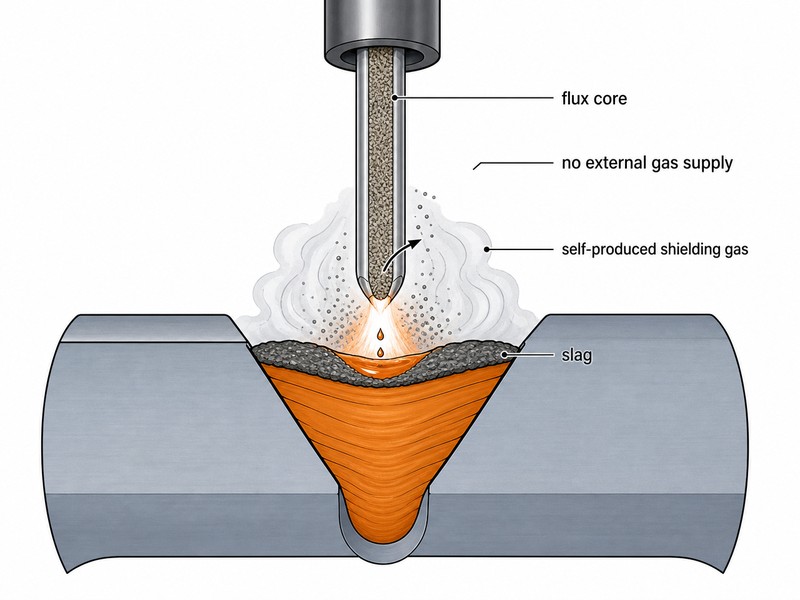 fcaw-s-self-shielded-mechanism Cross-section diagram of the self-shielded flux-cored arc welding process showing the flux core generating shielding gas and slag around the arc without external gas supply