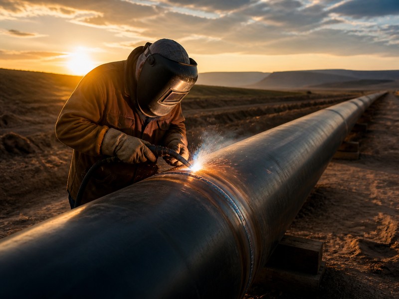 flux-cored-wire-pipeline-field-welding Pipeline welder running self-shielded flux-cored wire fill passes on a large-diameter line pipe at an open construction site