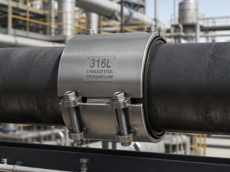 Industrial 316L stainless steel repair clamp on carbon steel pipe with NACE-compliant dielectric insulation buffer.