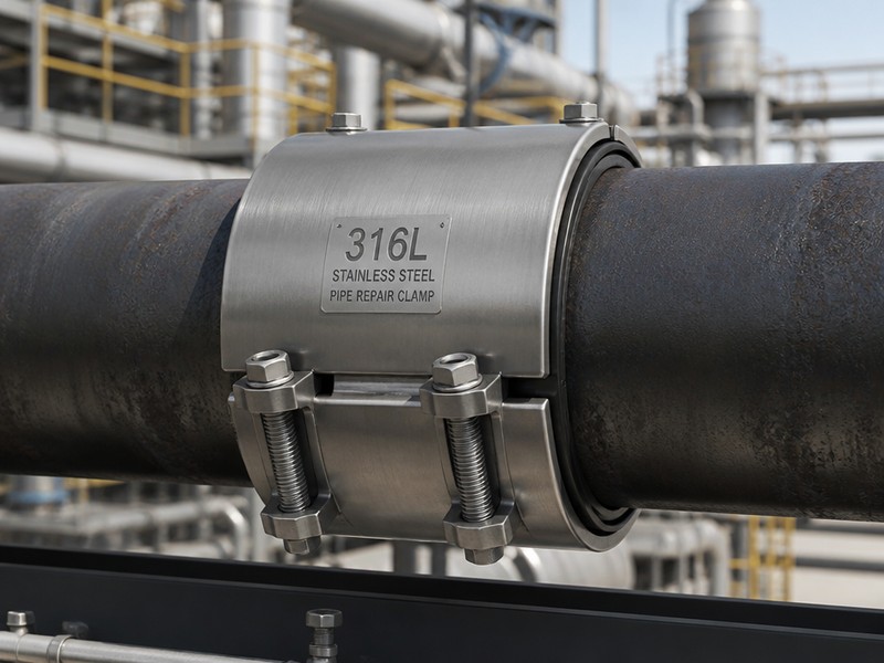 Industrial 316L stainless steel repair clamp on carbon steel pipe with NACE-compliant dielectric insulation buffer.