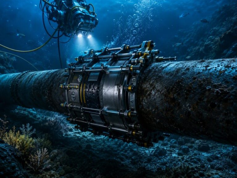 Heavy-duty structural repair clamp for subsea oil pipelines being installed by a professional ROV on the deep ocean floor, featuring high-pressure metallic housing.