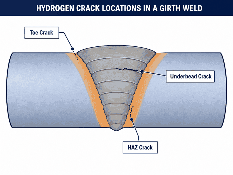 hydrogen-crack-locations-pipeline-girth-weld Cross-section of a pipeline girth weld showing typical hydrogen crack locations: toe cracks, underbead cracks, and heat-affected zone cracks