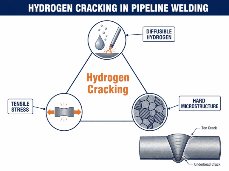 Diagram showing the three conditions that cause hydrogen cracking in pipeline welding: diffusible hydrogen, tensile stress, and a hard susceptible microstructure