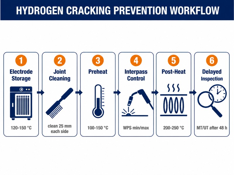 hydrogen-cracking-prevention-workflow Field workflow to prevent hydrogen cracking in pipeline welding: electrode storage, joint cleaning, preheat, interpass control, post-heat, and delayed inspection