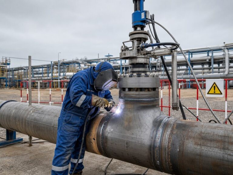 Welding technician performing in-service pipeline welding on a pressurized live pipeline with hot tap fittings and equipment