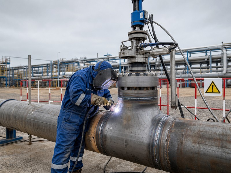Welding technician performing in-service pipeline welding on a pressurized live pipeline with hot tap fittings and equipment