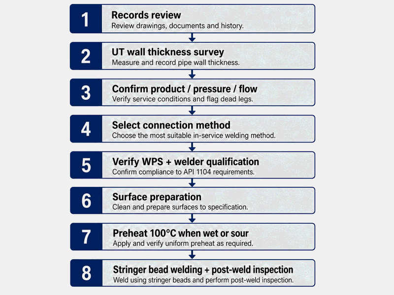 in-service-pipeline-welding-procedure-flowchart Flowchart of the eight-step preparation and execution procedure for in-service pipeline welding, from records review and UT survey to stringer bead welding and final inspection