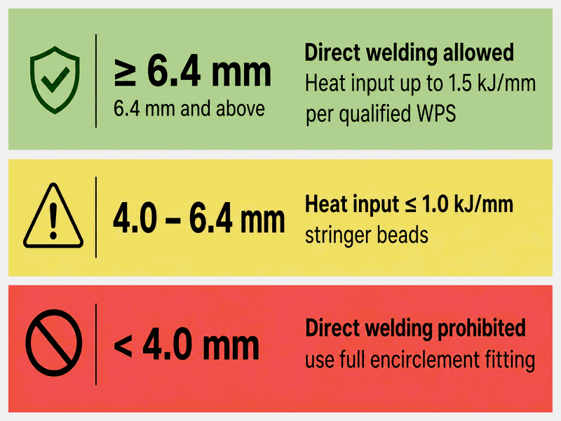 in-service-pipeline-welding-wall-thickness-decision Decision chart for in-service pipeline welding showing the 6.4 mm conservative wall thickness threshold, the 4 mm research-validated lower limit, and heat input limits per wall thickness range
