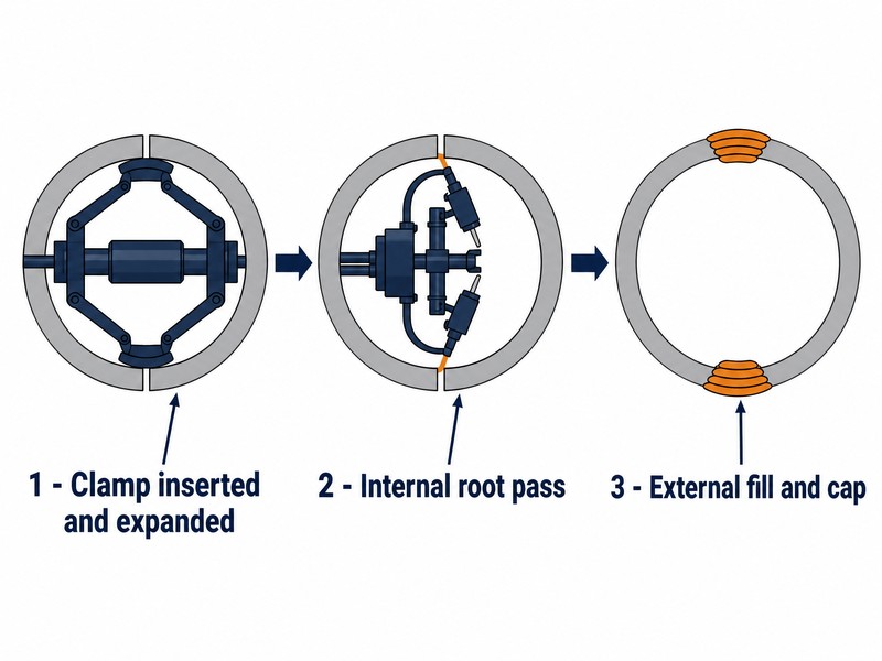 internal-line-up-clamp-root-pass-diagram Cross-section diagram of the root pass welded from inside a pipe bore while external bug welders deposit fill and cap passes from outside