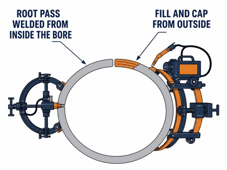 Side-by-side comparison of welding from inside the pipe bore and welding from outside on a large-diameter pipeline joint, with an alignment clamp at the bore and an external bug welder on a band