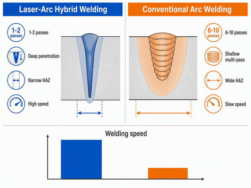 laser-arc-hybrid-vs-arc-welding-comparison Comparison infographic of laser-arc hybrid welding versus conventional arc welding: pass count, penetration, heat input, heat-affected zone width and welding speed side by side