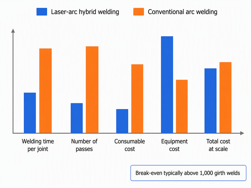 laser-arc-hybrid-welding-cost-comparison Cost and productivity comparison chart of laser-arc hybrid welding versus conventional arc welding on a large-diameter pipeline project