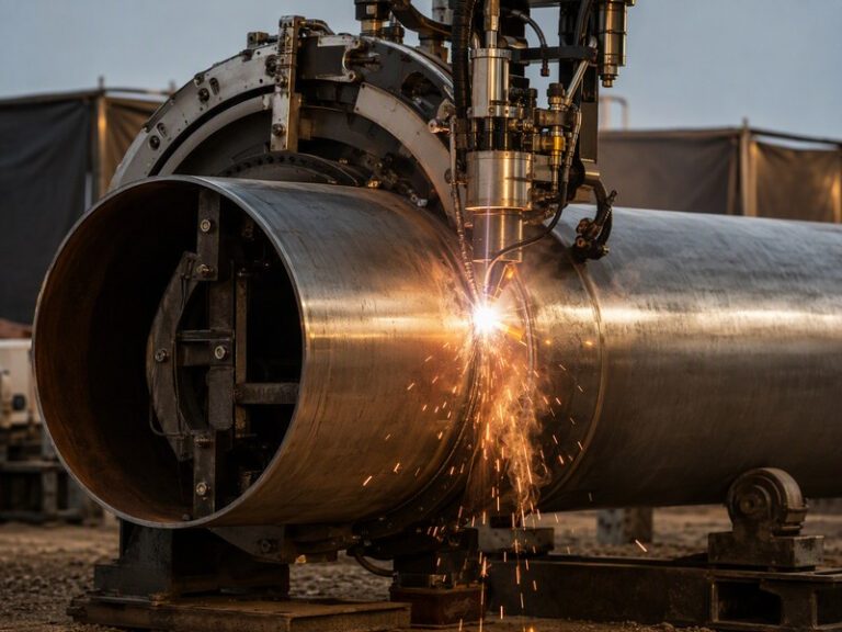 Laser-arc hybrid welding head welding a large-diameter pipeline girth joint, with the laser beam and electric arc combined on one molten pool
