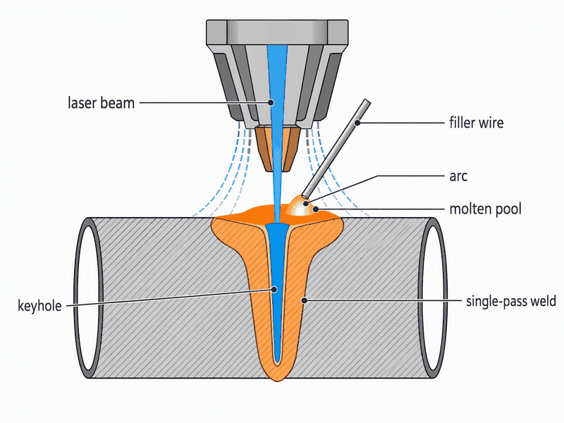 laser-arc-hybrid-welding-process-schematic Process schematic of laser-arc hybrid welding: laser beam forming a keyhole through the pipe wall, gas metal arc and filler wire feeding the molten pool, shielding gas around the head, one deep single-pass weld