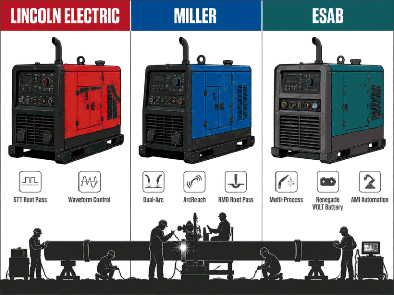 Comparison infographic of the three leading pipeline welding equipment suppliers: Lincoln Electric, Miller Electric, and ESAB, with their pipeline machine lines and key technologies