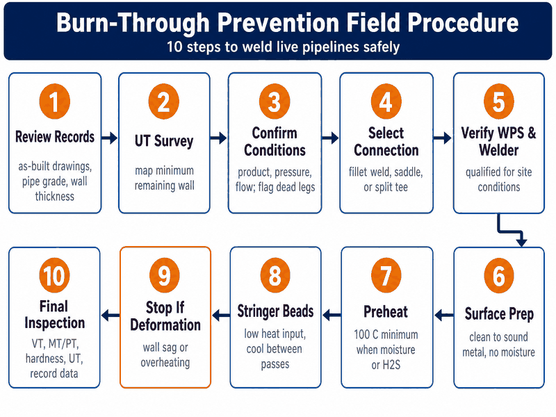 live-pipeline-welding-step-procedure Flowchart of the ten-step procedure to prevent burn-through when welding live pipelines, from wall thickness survey to final inspection