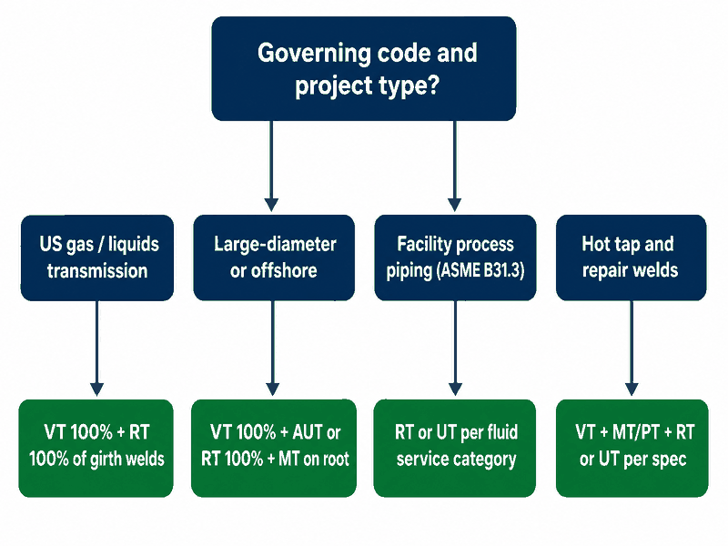 ndt-method-selection-flowchart Decision flowchart for selecting pipeline weld NDT methods based on code requirements, weld criticality, wall thickness, and material type
