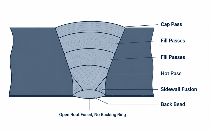 open-root-pipe-weld-cross-section Cross-section of an open-root pipe weld showing the root pass with a smooth back bead on the inside wall, sidewall fusion, hot pass, fill passes, and cap pass