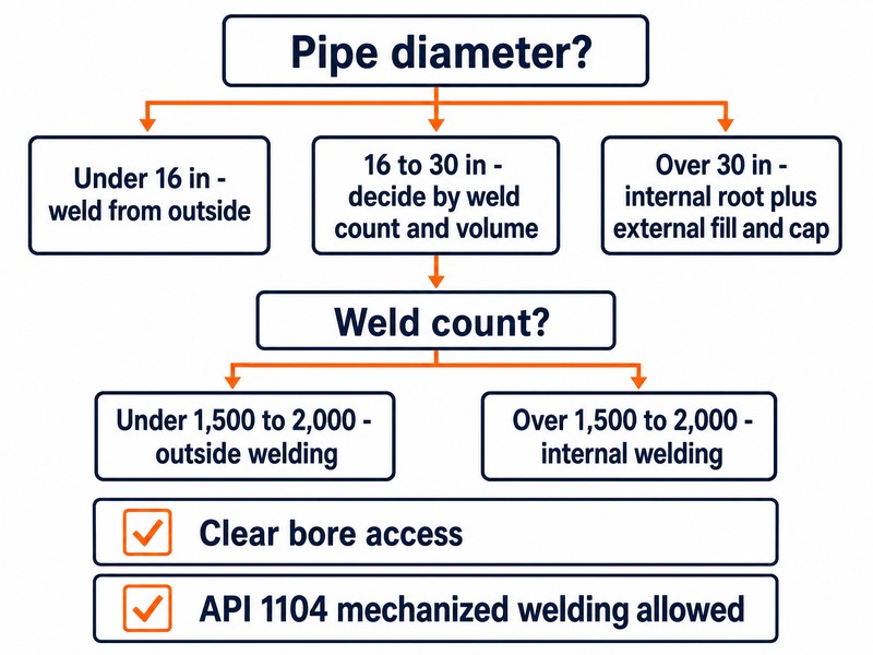 pipe-diameter-welding-approach-guide Decision guide chart for choosing between welding from inside and welding from outside based on pipe diameter, weld count, bore access, and governing specification