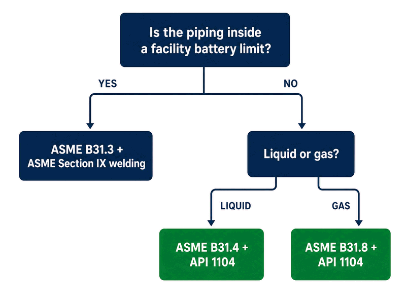pipeline-standard-selection-flowchart Decision flowchart to choose between ASME B31.3 and API 1104 based on piping location, transported fluid, and project scope