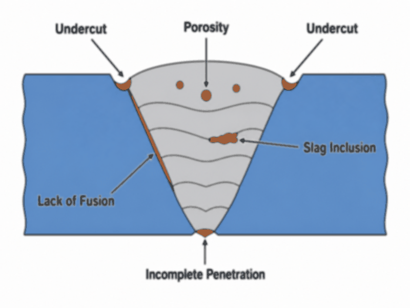 pipeline-weld-defect-locations-cross-section Cross-section of a pipeline girth weld showing where common welding defects form: undercut at the toes, porosity and slag inside the weld metal, lack of fusion at the bevel side, incomplete penetration at the root