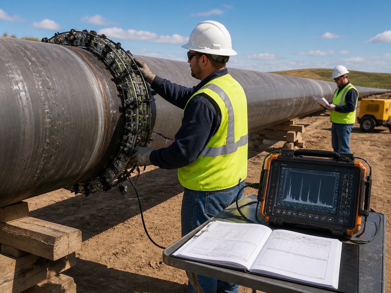 pipeline-welding-contractor-aut-inspection Automated ultrasonic testing of a pipeline girth weld with welding procedure specification documents reviewed on site by an NDT technician