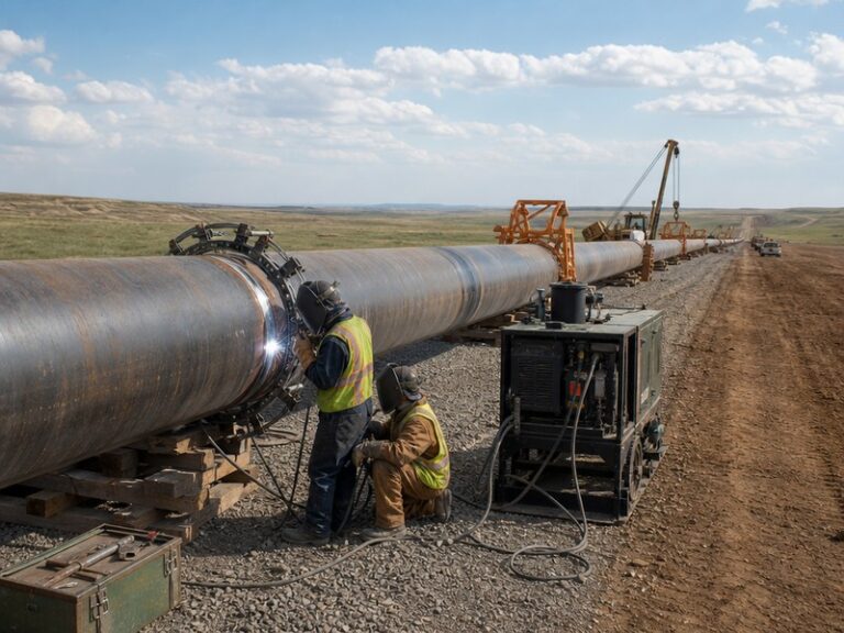 Pipeline welding contractor crew performing girth welds on a large-diameter cross-country pipeline with welding machines and a line-up clamp on site
