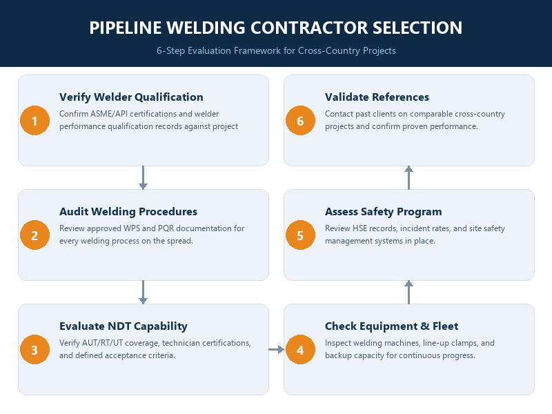 pipeline-welding-contractor-selection-process Six-step pipeline welding contractor selection process: verify welder qualification, audit welding procedures, evaluate NDT, check equipment, assess safety, and validate references