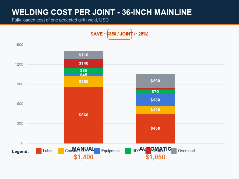 pipeline-welding-cost-per-joint-comparison Bar chart comparing welding cost per joint between manual and automatic welding for a 36-inch pipeline: labor, consumables, equipment, NDT and rework stacked bars, automatic total about 25 percent lower