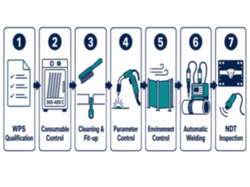 pipeline-welding-defect-prevention-workflow Workflow to prevent pipeline welding defects: WPS qualification, consumable control, joint cleaning and fit-up, parameter control, environment control, automatic welding, and non-destructive testing