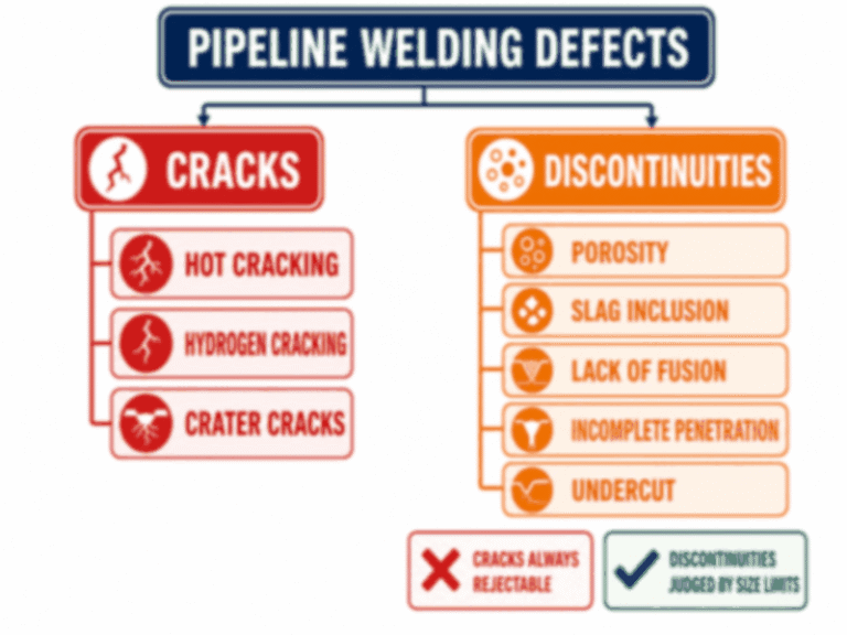 Classification diagram of common pipeline welding defects: cracks (hot cracking, hydrogen cracking, crater cracking) and discontinuities (porosity, slag inclusion, lack of fusion, incomplete penetration, undercut)