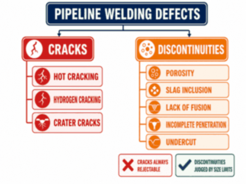 Classification diagram of common pipeline welding defects: cracks (hot cracking, hydrogen cracking, crater cracking) and discontinuities (porosity, slag inclusion, lack of fusion, incomplete penetration, undercut)
