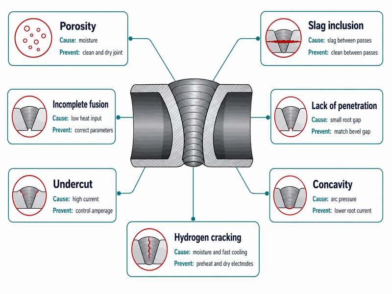 pipeline-welding-defects-prevention Infographic of common pipeline welding defects including porosity, slag inclusion, incomplete fusion, undercut, and hydrogen cracking with their causes and prevention